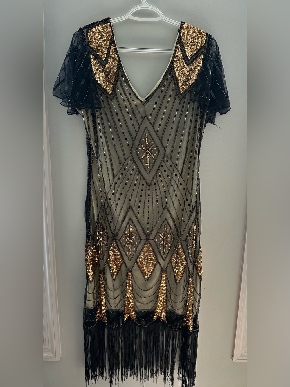 Black and Gold Sequin Flapper Dress and Accessories